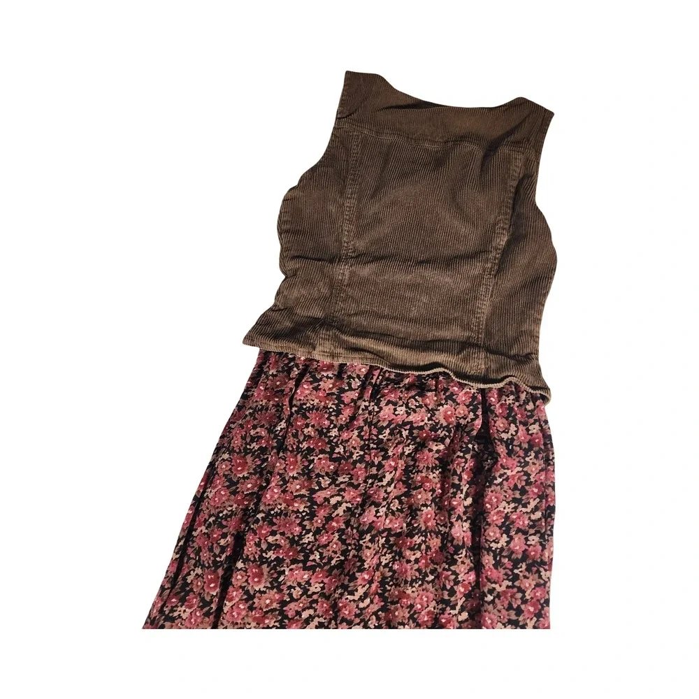 S. Roberts Vintage 90s Corduroy Floral Mixed‎ Midi Dress Brown Pink Friends 5/6